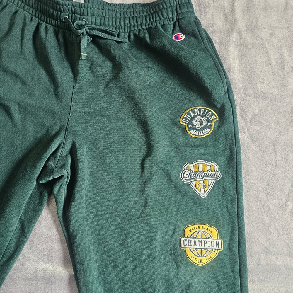 Champion Mens Forest Green Graphic Patch Jogger Sweatpants XL Fleece Lined